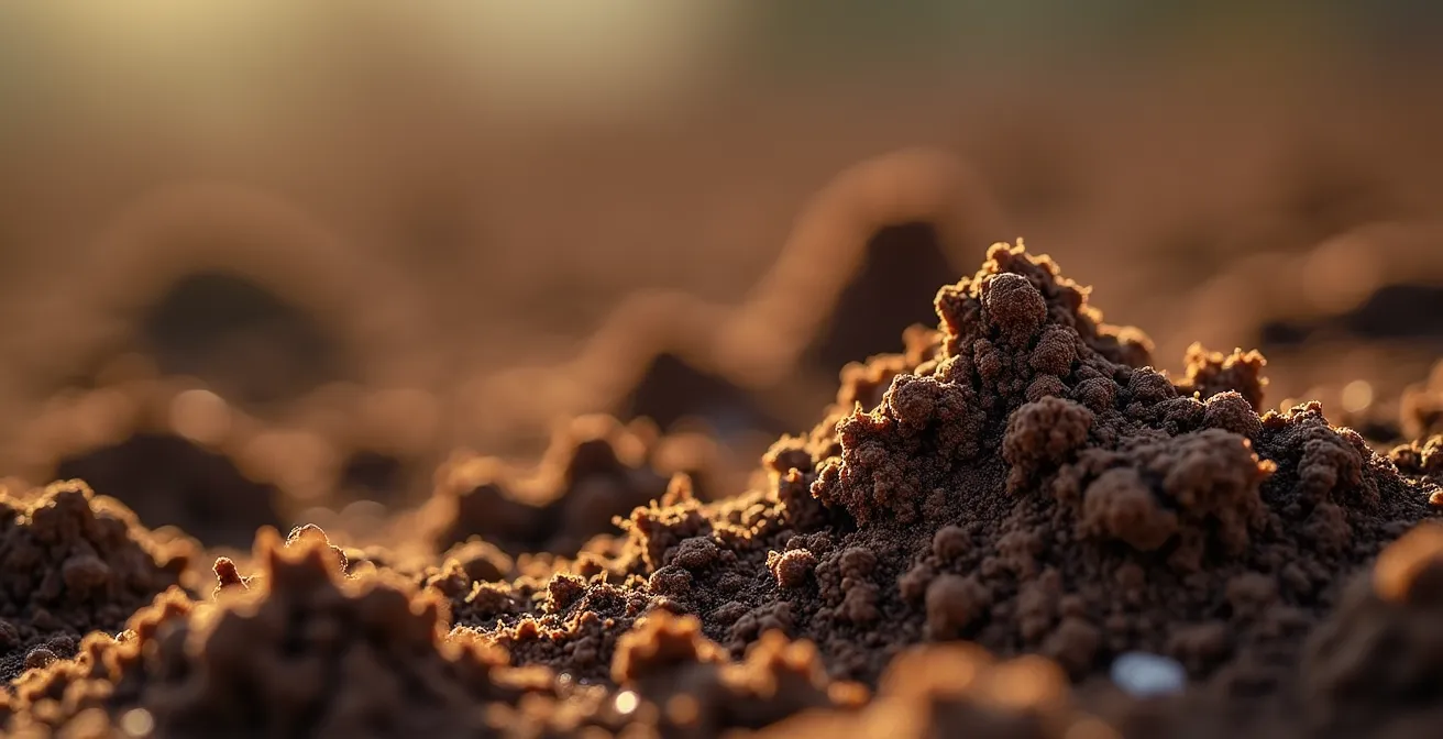 Gros plan macro sur les particules d'un sol avec texture visible montrant argile, limon et sable mélangés