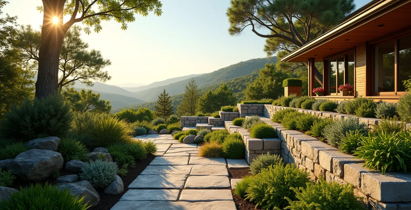Vue panoramique d'un jardin en pente aménagé avec terrasses, murs de soutènement en pierre et plantation végétale stratifiée