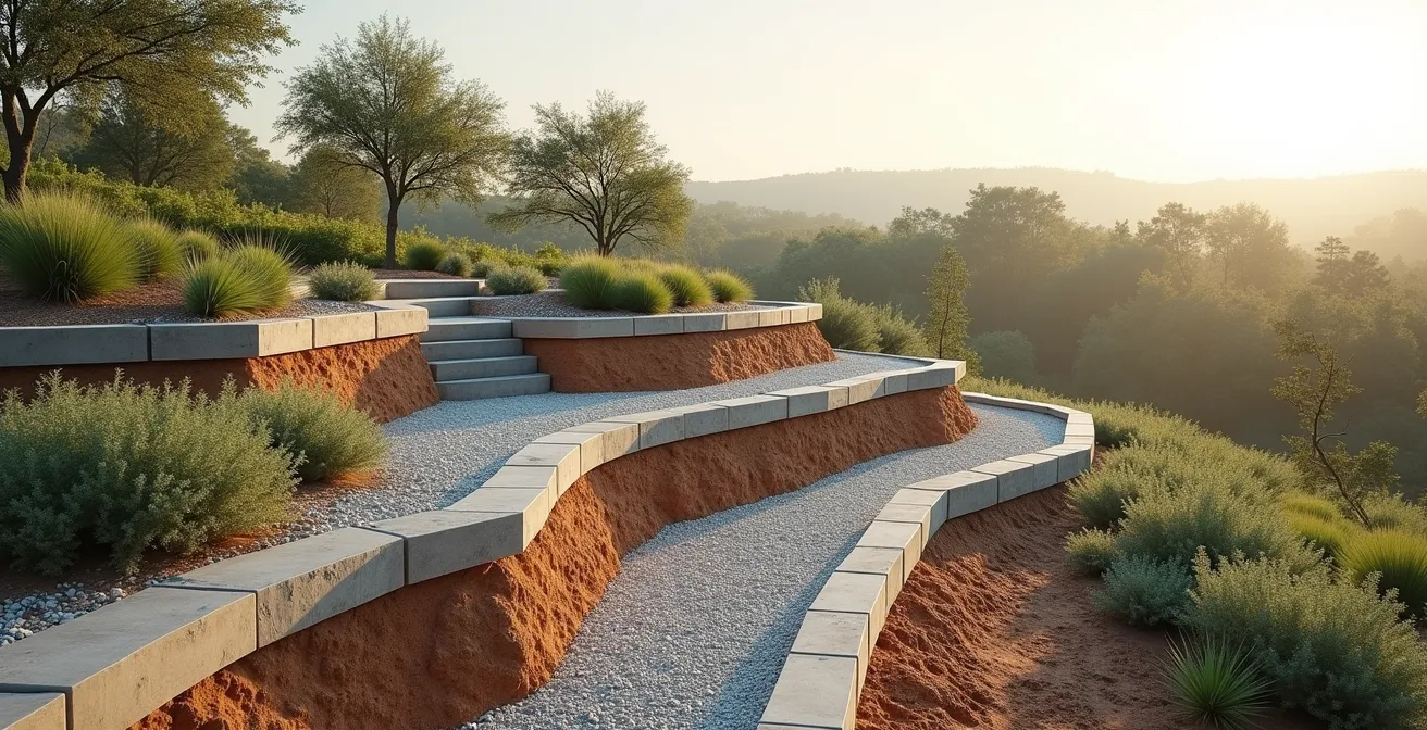 Vue élargir d'un terrain en pente montrant l'architecture des terrasses, murs de soutènement et systèmes de drainage intégrés