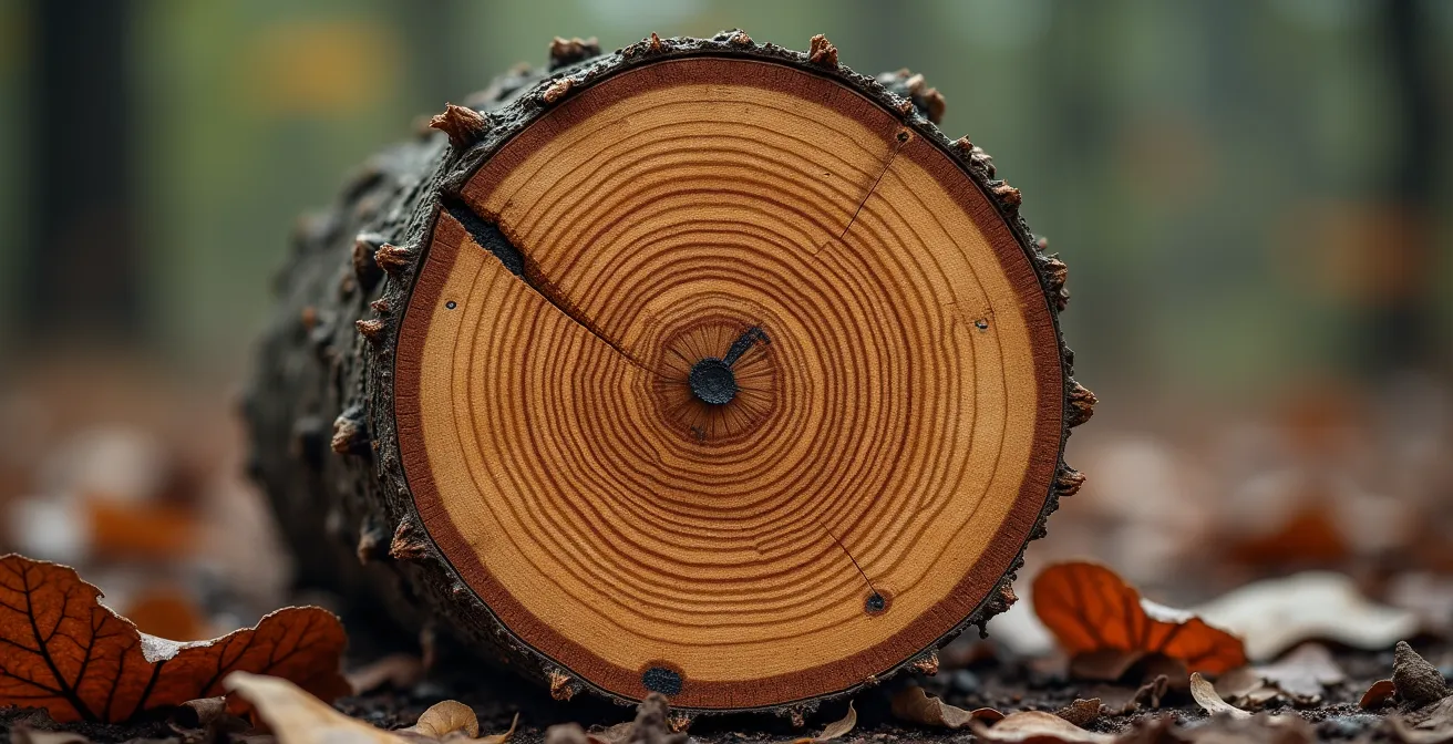 Section d'un tronc d'arbre montrant les zones de pourriture après mauvaise coupe