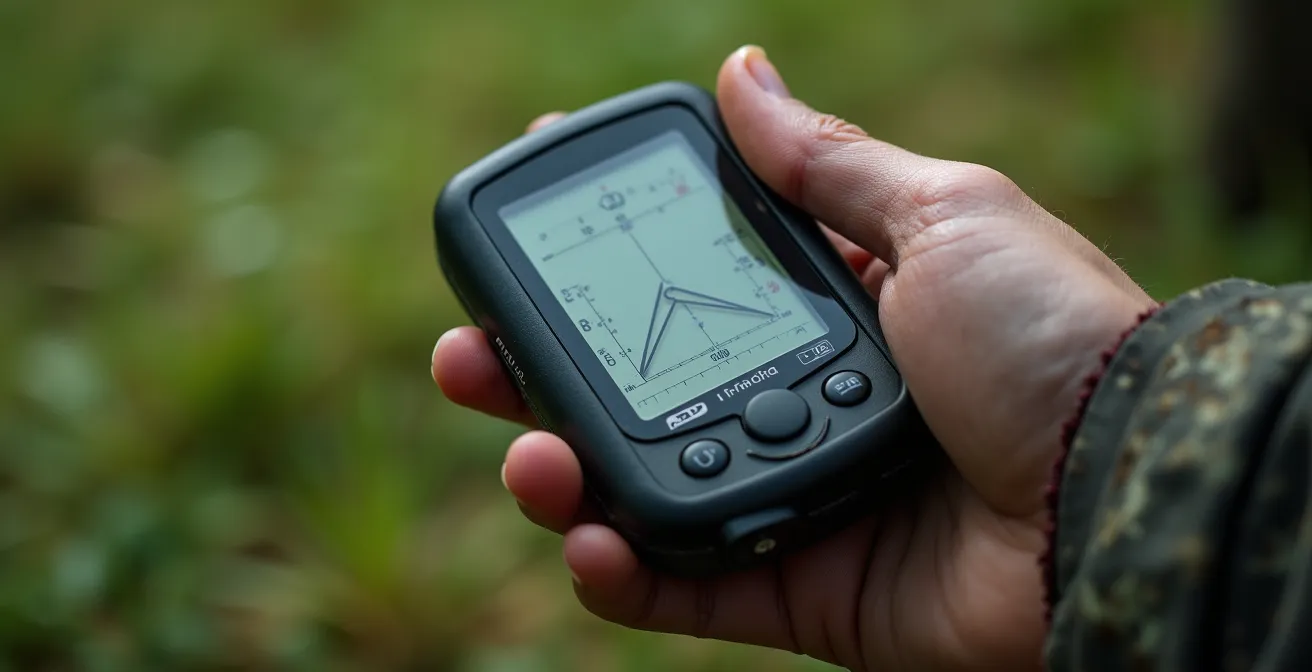Gros plan sur une main tenant un inclinomètre numérique sur terrain en pente