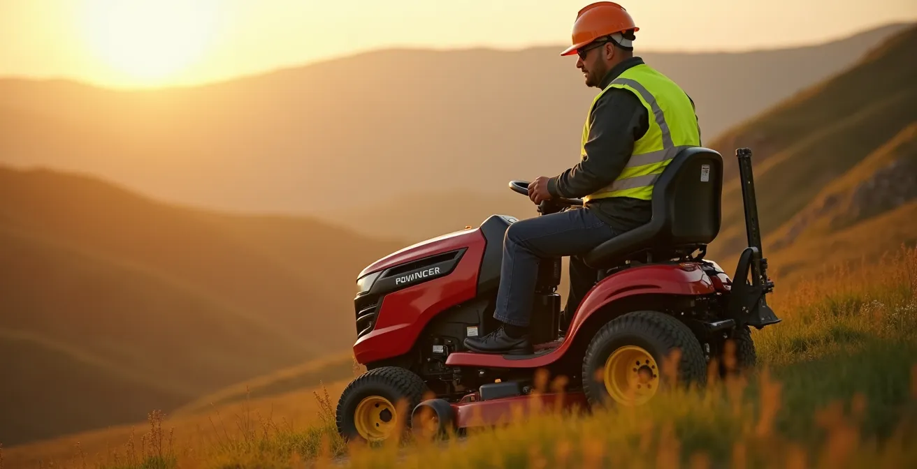 Opérateur en équipement de sécurité sur tondeuse autoportée