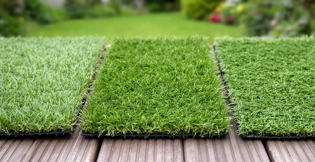 Trois échantillons de gazon synthétique de hauteurs différentes posés côte à côte