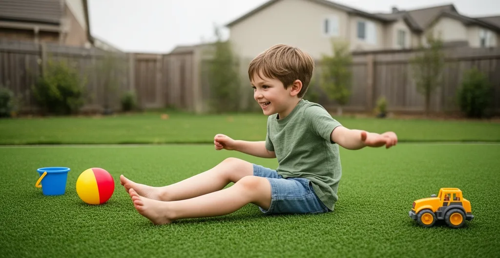 Enfant jouant pieds nus sur pelouse synthétique dans jardin résidentiel