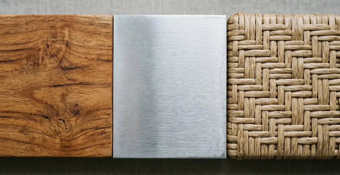Gros plan comparatif des textures du bois, de l'aluminium et de la résine tressée.