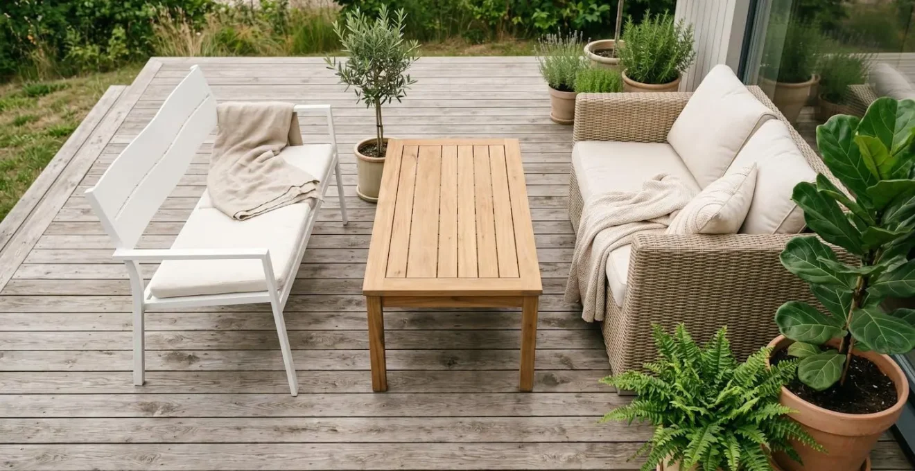Table en bois, chaise en aluminium et fauteuil en résine tressée sur une terrasse ensoleillée.