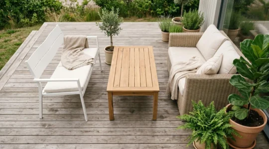 Table en bois, chaise en aluminium et fauteuil en résine tressée sur une terrasse ensoleillée.
