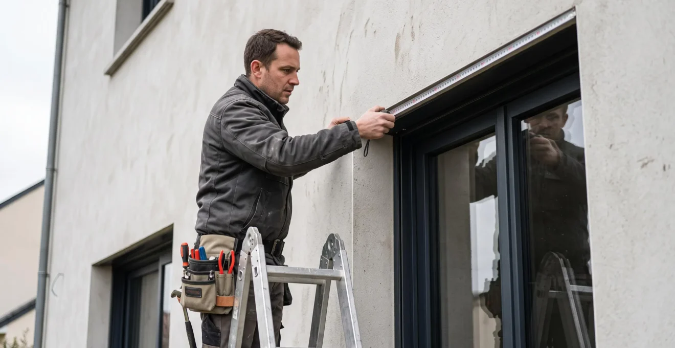 Un installateur prend les mesures d'une façade pour poser un store banne sur mesure.