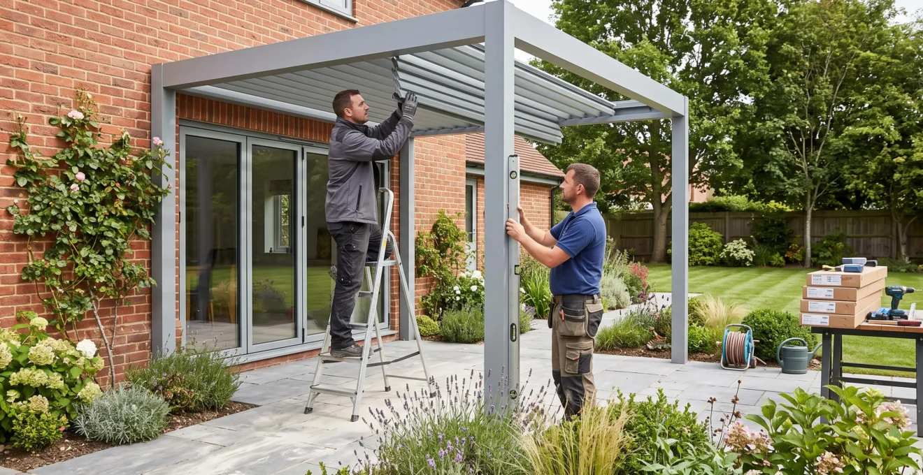 Deux installateurs posent un panneau de pergola en aluminium dans un jardin.