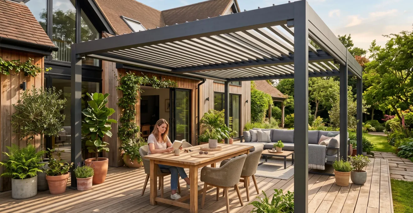 Une pergola en aluminium transforme une terrasse en salon extérieur confortable.