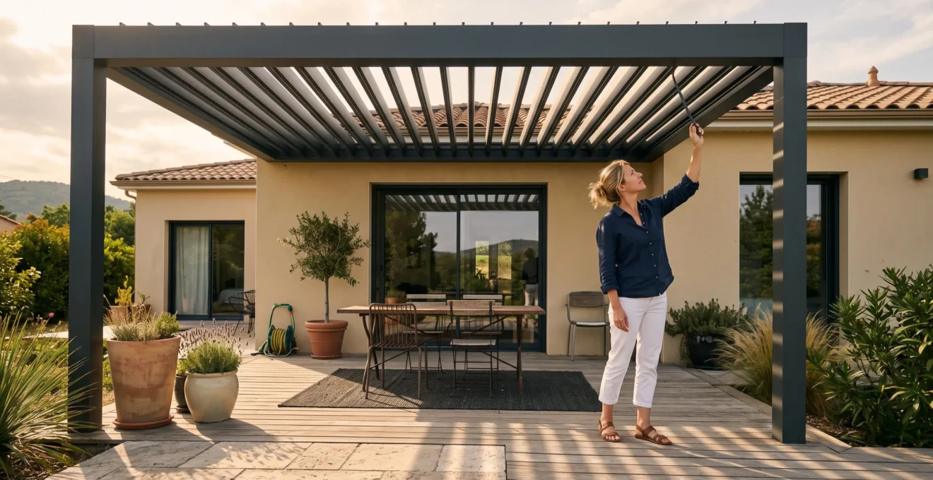 Une femme règle les lames d'une pergola bioclimatique en aluminium sur sa terrasse ensoleillée.